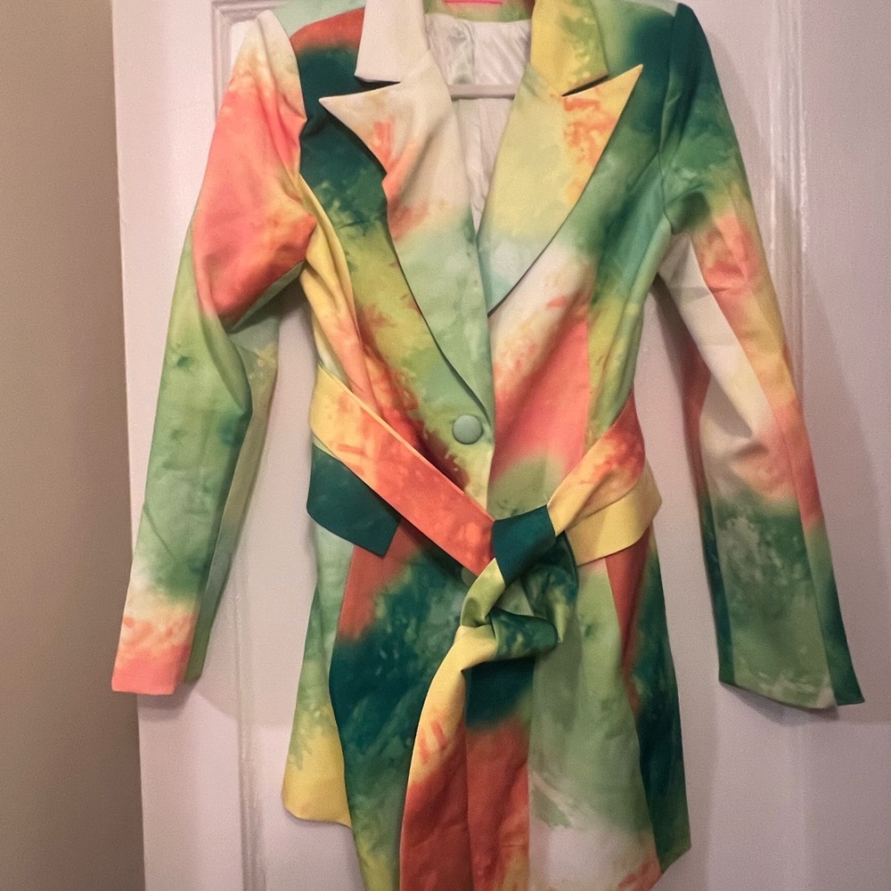 Tie-Dye Long Blazer Jacket in Green, Yellow & Orange